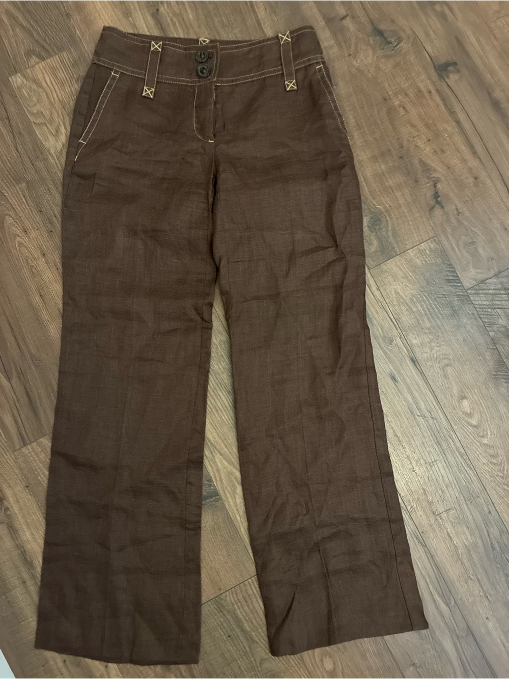 Zara Brown Contrast Stitch Low Rise Wide-Leg Pants 100% Ramie